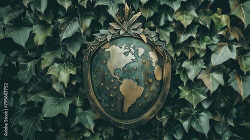 Metaphorical photo with globe encased in a protective shield or surrounded by green foliage, global sustainability concept