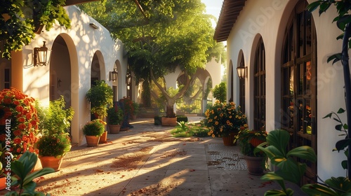 Charming Spanish Villa with Arched Doorways, Lush Courtyards, Set in a Sunlit Mediterranean Landscape