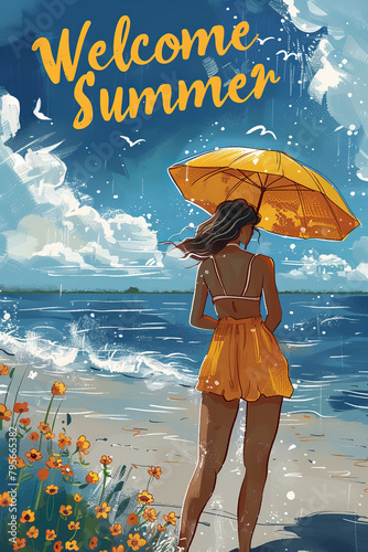 Young girl with yellow umblerra on tropical beach, with "Welcome Summer" inscription against the blue sky. Bright illustration of summer theme.