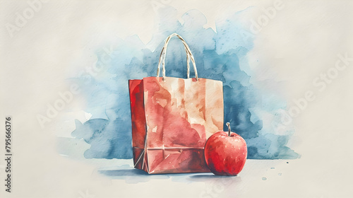 A minimalist drawing of a simple shopping bag with a single apple inside