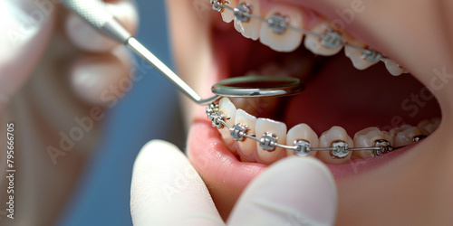 Teenager with braces during a dental treatment