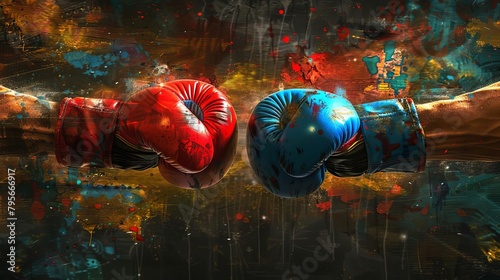 powerful boxing gloves in intense faceoff gritty hot fighting poster with ample copyspace dramatic sports confrontation digital illustration