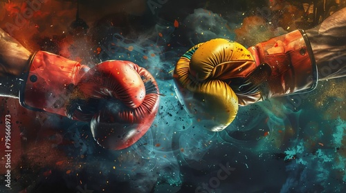 powerful boxing gloves in intense faceoff gritty hot fighting poster with ample copyspace dramatic sports confrontation digital illustration