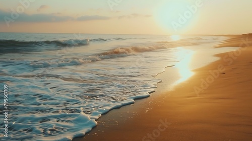 A serene beach at sunset, with waves gently lapping against the shore.