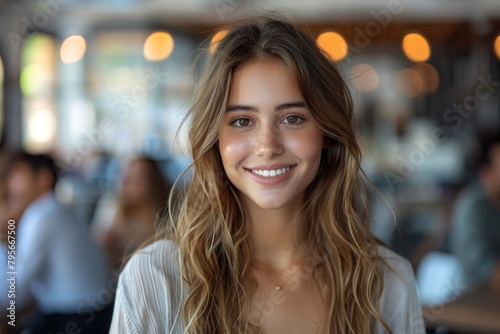 A young woman with a joyful smile sitting in a cafe, radiating warmth and friendliness