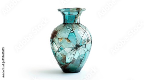 shattered beauty front view of old and broken handblown art glass vase isolated on white product photography