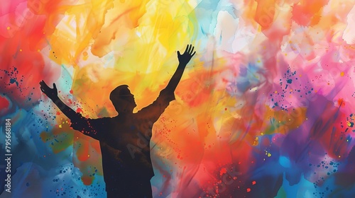 silhouette of a man worshipping with raised hands vibrant watercolor background spiritual concept illustration