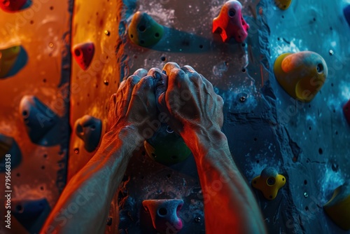 A person is climbing a wall with their hands covered in chalk. The image has a mood of determination and perseverance