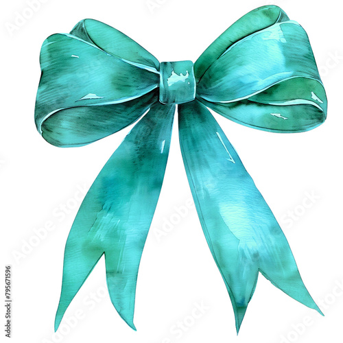 Elegant Teal Watercolor Bow Design, An elegant teal bow illustration with a smooth watercolor finish on a white background.
