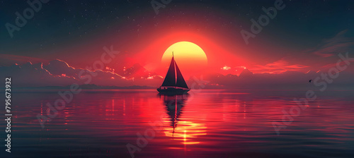 A minimalist illustration of a serene lake at sunset with a single sailboat silhouetted against the light