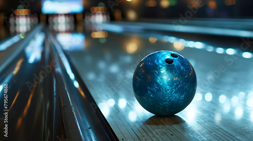 Close-up of a red and green bowling ball in a bowling alley. AI generative.