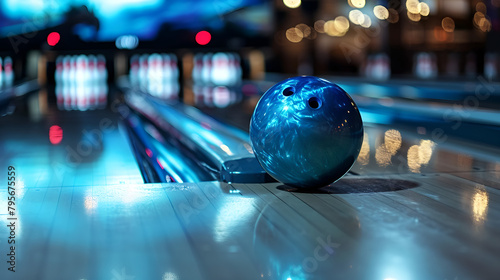 Close-up of a red and green bowling ball in a bowling alley. AI generative.
