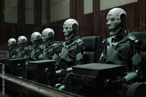 Dystopian Courtroom with Robotic Judge and Jury