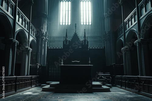 Gothic Courtroom with Dramatic Light and Shadows