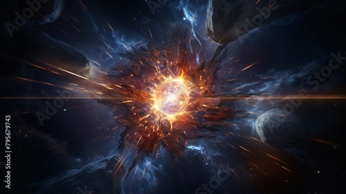 Abstract space wallpaper displays an interstellar explosion. A awesome planet shines amidst the black space energy.