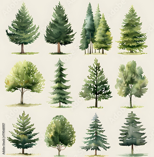 Photograph of various trees like Larch in a green and white natural environment