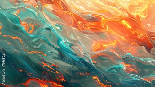 Aquatic fire wave synthesis, artfully blending fluid aqua tones with fiery orange waveforms, suggesting a surreal fusion of water and flame in motion