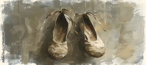 A minimalist sketch of a pair of ballet slippers hanging on a wall