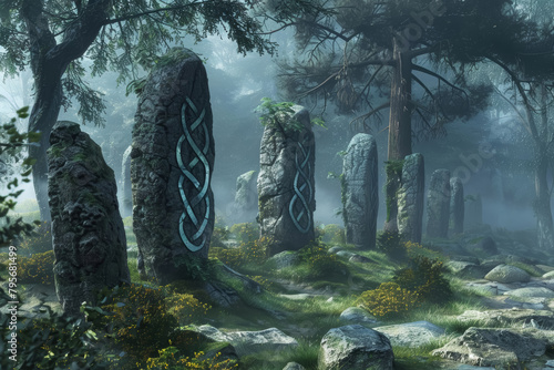 Ancient Druid Circle with DNA Carvings in Forest