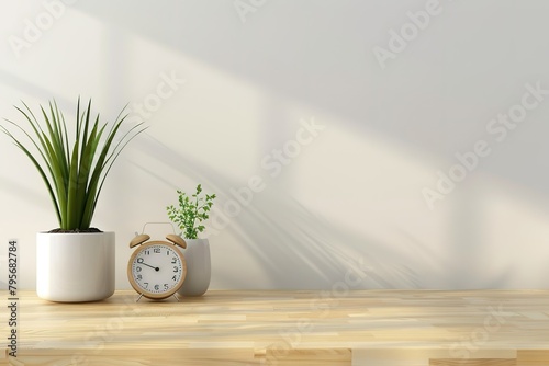 Minimal cozy counter mockup design for product presentation background or branding in Japan style with bright wood counter and warm white wall include vase plant and clock. Kitchen stylish interior
