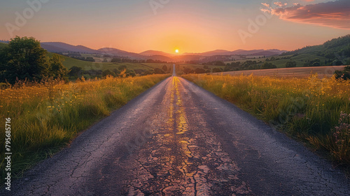 Illustration of a rural county dirt road leading off into the sunset and a range of mountains..
