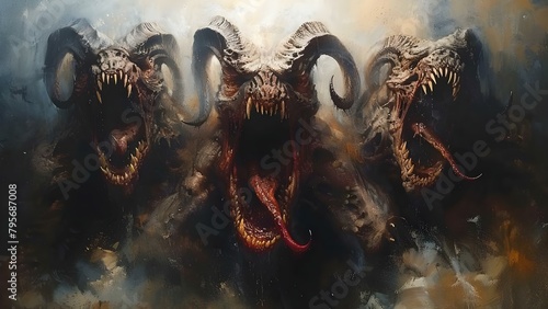 Confront four angry monster heads with horns and fangs in nightmarescape. Concept Nightmarescape, Monster Heads, Horns, Fangs, Confrontation