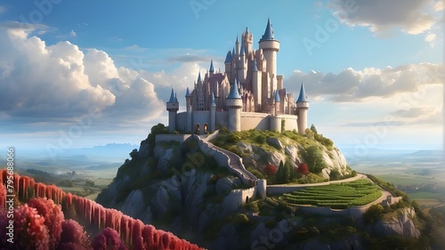 Type of Image: Digital Illustration, Subject Description: A digital illustration depicting a majestic castle on a hill overlooking a vineyard, Art Styles: Fantasy, Art Inspirations: Fantasy concept ar