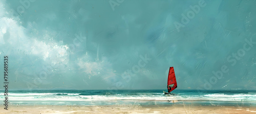 A minimalist sketch of a lone windsurfer on a vast ocean
