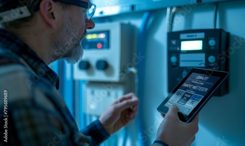 Smart meter, smart metering. A technician using an electric meter to Protective of the home's electrical system while holding up his tablet. 