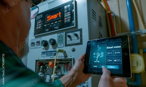 Smart meter, smart metering. A technician using an electric meter to Protective of the home's electrical system while holding up his tablet. 