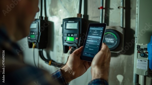 Smart meter, smart metering. A technician using an electric meter to Protective of the home's electrical system while holding up his tablet. 