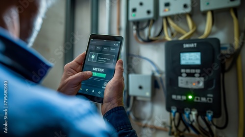 Smart meter, smart metering. A technician using an electric meter to Protective of the home's electrical system while holding up his tablet. 