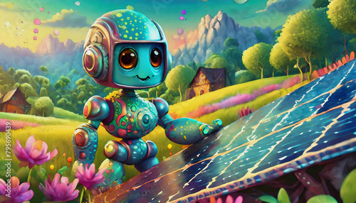 oil painting style CARTOON CHARACTER CUTE robot installing solar panels on a sunny day, sun energy