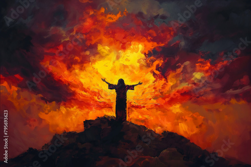 An emotive portrayal of Jesus standing on a rocky hillside, silhouetted against the fiery hues of a dramatic sunset, his arms outstretched in prayer towards the heavens, symbolizin