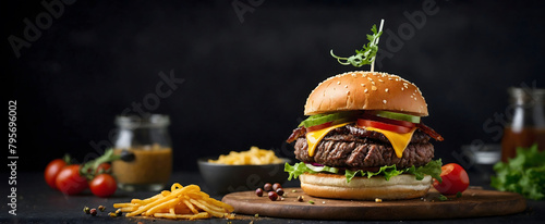 Burger on a dark background.Fast food. A fast food restaurant.