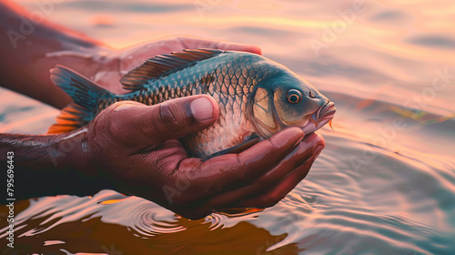 An Angler's Catch: A Large Fish in a Hand, Reflecting the Peaceful Environment