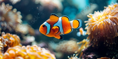 A Vibrant Orange Clownfish Swimming Amongst Colorful Coral in a Clear Reef