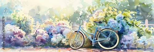 A bicycle leans against a blooming hydrangea bush, the scene painted in soft, lazy strokes of summer light, kawaii, bright water color