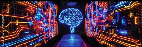 A cybernetic art installation features a neonlit circuit board, its pathways intricately forming the image of a brain, representing the network of thoughts