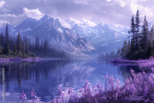 Amidst mountains, a tranquil lake exudes purple hues, enveloped in mist, inviting serenity and adventure.