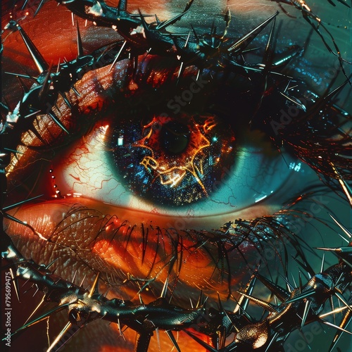 film vibrant color style of a human eye wrapped in metal chrome textures with glowing sigils and a renaissance style background and a chrome thorn border