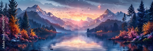 A picturesque landscape with a serene lake reflecting the majestic purple hues of sunrise or sunset.