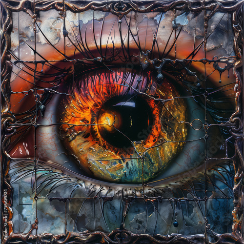 film vibrant color style of a human eye wrapped in metal chrome textures with glowing sigils and a renaissance style background and a chrome thorn border