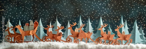 A team of papercut reindeer, expertly crafted from various shades of brown paper, pull a miniature papercut sleigh piled high with tiny papercut gifts, a charming reminder of the holiday season amidst