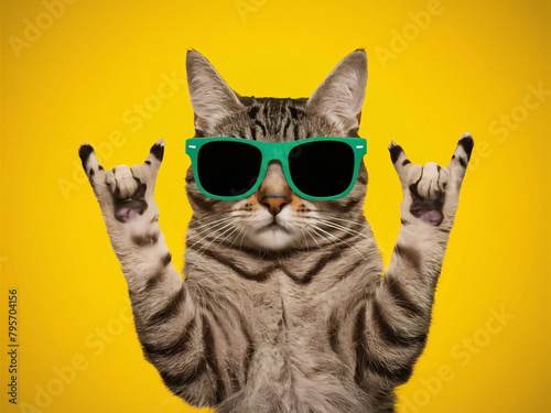 Gato gracioso con gesto de rock y gafas de sol