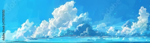 Midday brings a brilliant azure sky, punctuated by fluffy, whimsical clouds drifting lazily, kawaii, bright water color