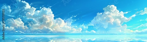 Midday brings a brilliant azure sky, punctuated by fluffy, whimsical clouds drifting lazily, kawaii, bright water color