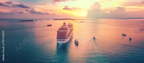 Cruise liner floating away in the sunset. Beautiful large luxury cruise liner. Luxurious travel concept.