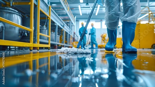 Industrial facility cleaning crew in action, workers in protective gear. Floor mopping in a factory, hygiene and maintenance services. Clean workplace environment. AI