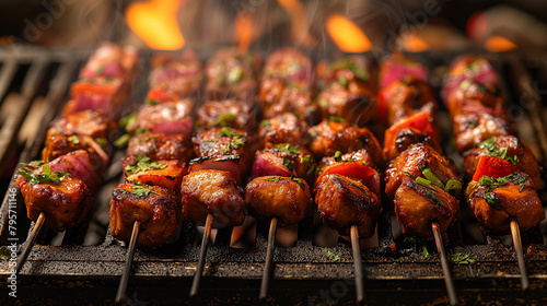 4. Sizzling Barbecue: Plumes of savory smoke rise from a crackling barbecue grill, where skewers of marinated meats and colorful vegetables sizzle and char, filling the air with mo